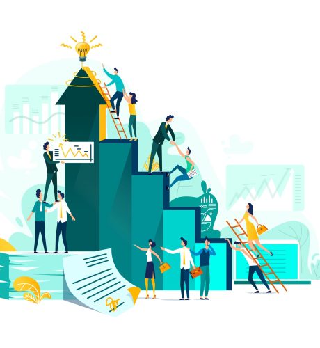 Goal achievement and teamwork business concept, career growth and cooperation for development of project, idea vector flat cartoon illustration. Ladder of success and climbing people, company staff