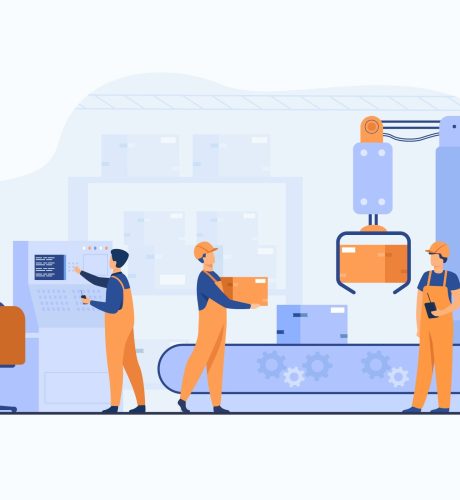 Factory workers and robotic arm removing packages from conveyor line. Engineer using computer and operating process. Vector illustration for business, production, machine technology concepts